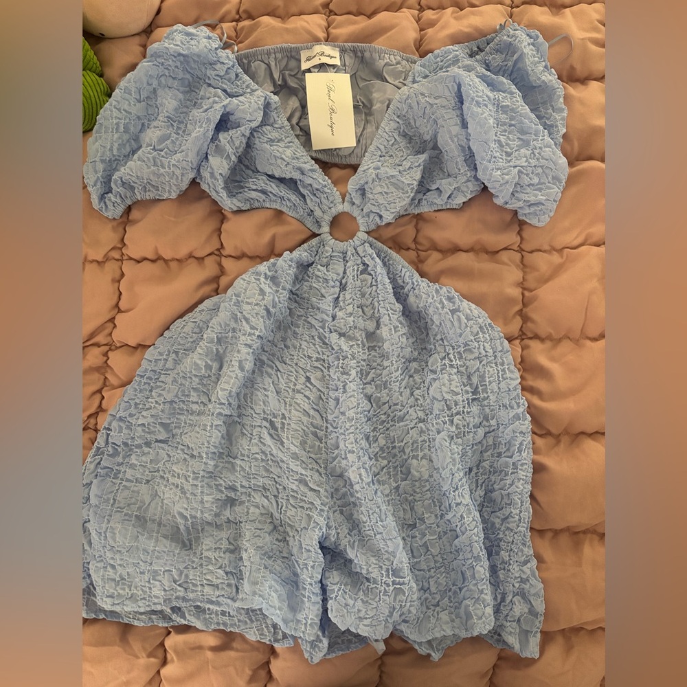 Hazel Boutique Light Blue Textured Romper with Ring Detail
